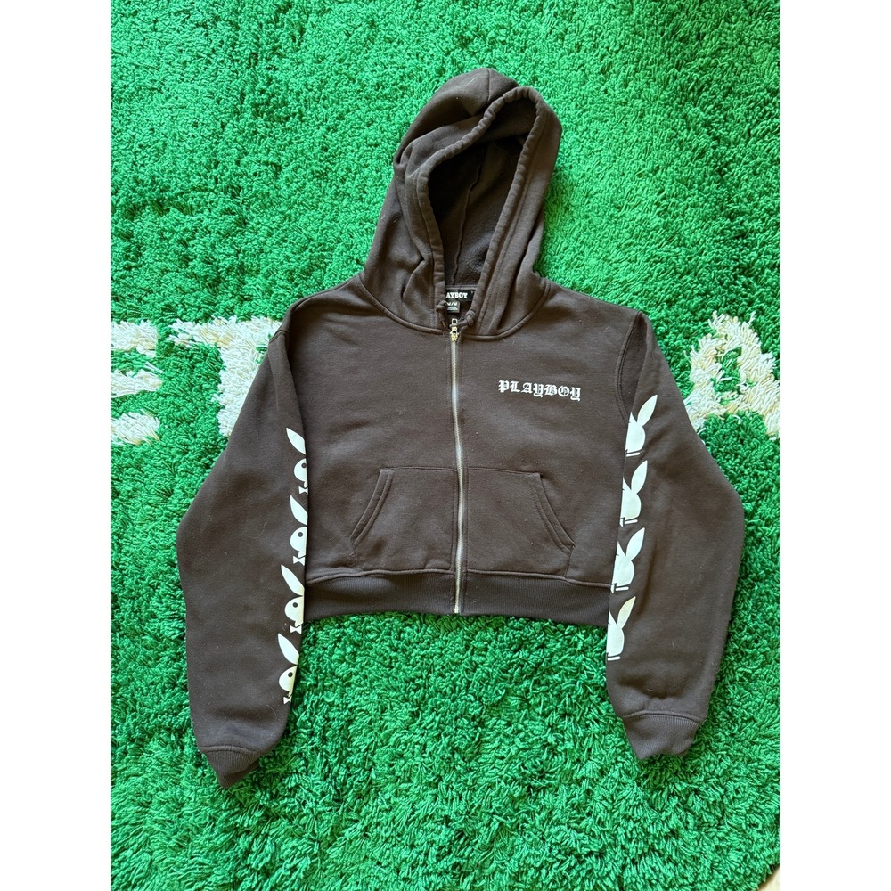 Playboy Cropped Zip Up Hoodie Womens Medium Brown Excellent Graphic Bunny Logo